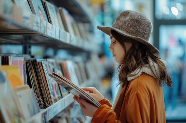 Photo woman choosing vinyl record in music record shop