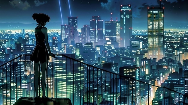 Woman in the city anime girl admiring night