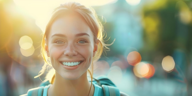 Photo woman in the city smiling happily in the sun with a backpack concept portrait photography urban lifestyle happiness travel summer fashion