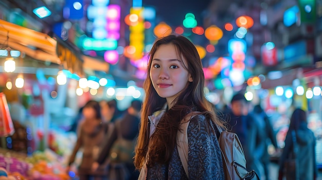 a woman in a city with a bag on her shoulder