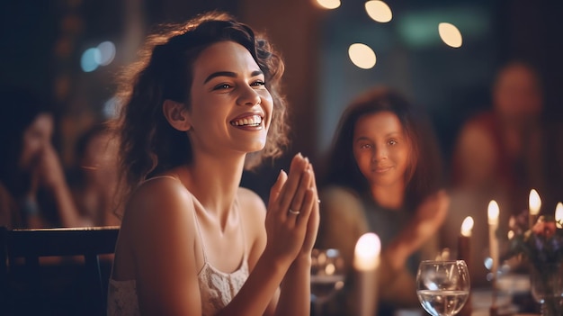 Woman clapping hands on dinner Illustration AI GenerativexA