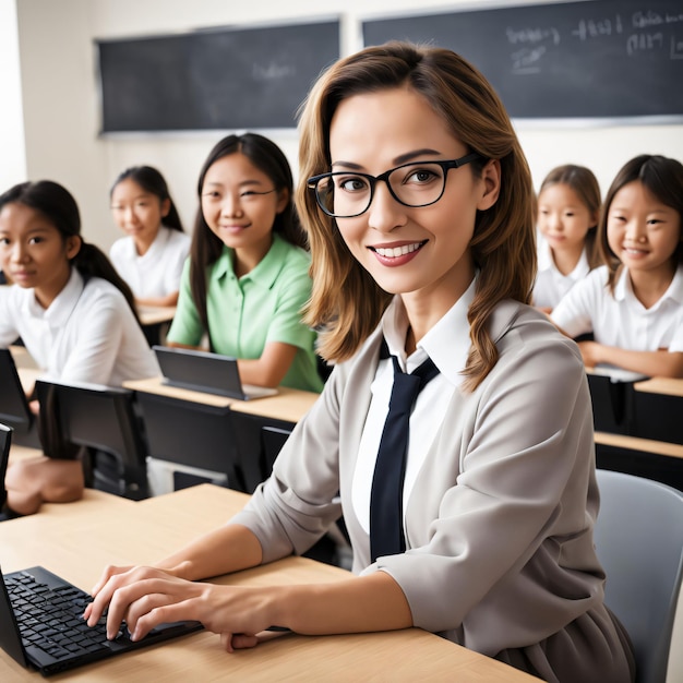 a woman in a classroom with a group of students in front of a chalkboard