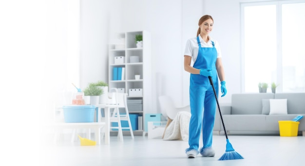 Woman cleaner portrait blue coveralls home cleaning services concept bright blue background