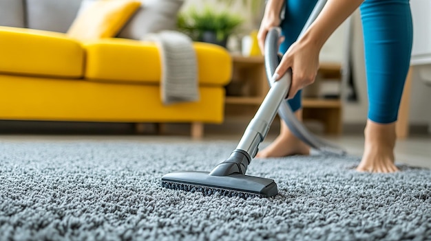 Woman Cleaning Carpet in Modern Interior