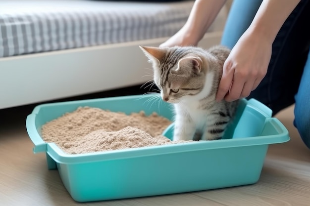 Woman cleaning cat tray Generate Ai