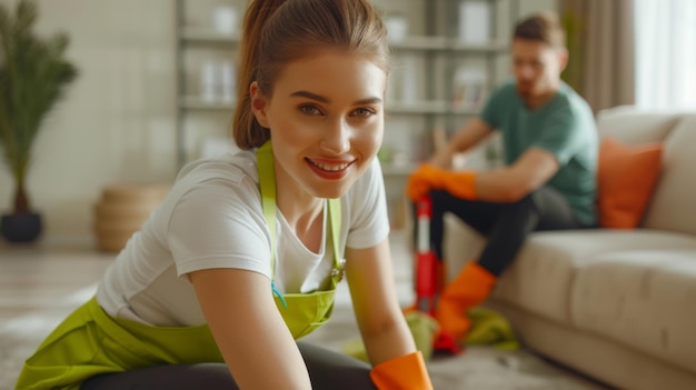 Photo woman cleaning floor at home