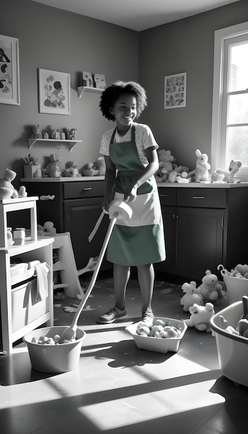 Photo a woman cleaning the floor with a broom and a basket of tomatoes