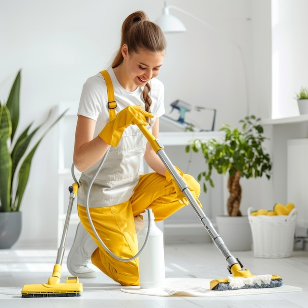 a woman cleaning a floor with a mop and a mop