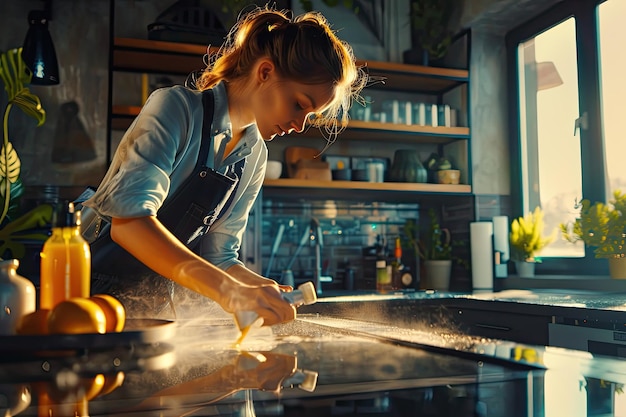 Photo a woman cleaning a kitchen counter with yellow cleaning gloves