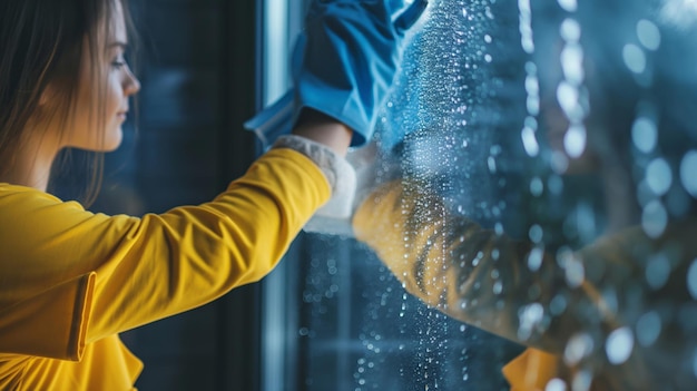 Photo woman cleaning mirrors in her bathroom