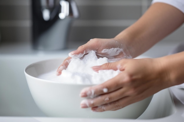 Woman cleaning white ceramic sink with baking soda closeup aesthetic look