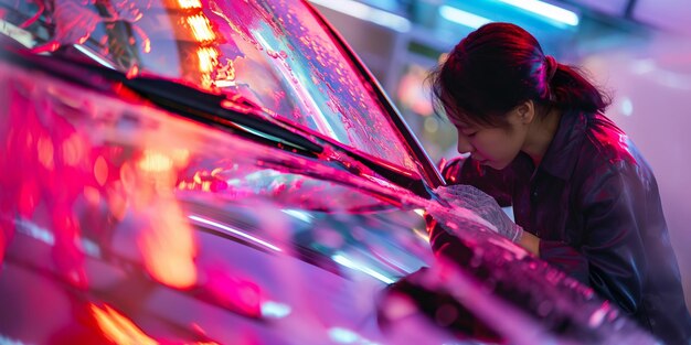 Photo woman cleaning windshield of car with colorful neon lights reflections at night