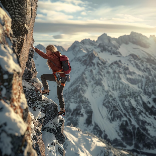 a woman climbing a mountain with a backpack on her back