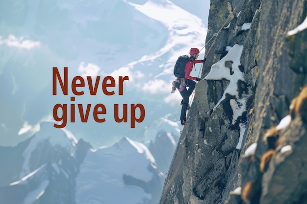 Photo woman climbing mountainous cliff with inspiring quote