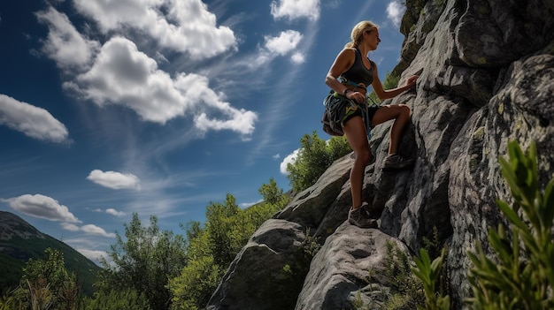 A woman climbing a rock face