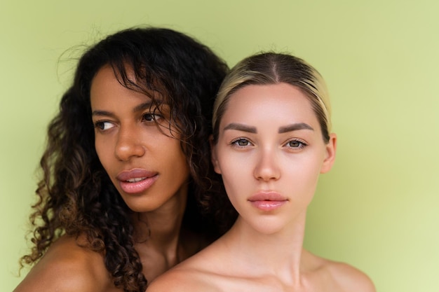 Woman close beauty portrait mixed race black skin and white skin two female on green background