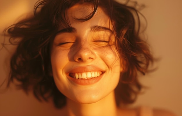 A woman closes her eyes and smiles bathed in the warm glow of sunlight exuding a serene and blissful demeanor