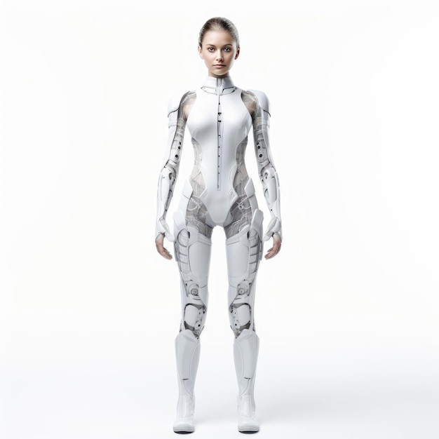 Woman in clothes of the future on a white background