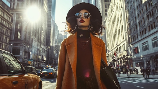 a woman in a coat and hat is standing in the street