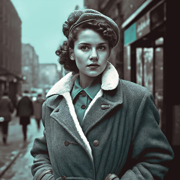 Photo a woman in a coat and hat stands in the street in front of a store.