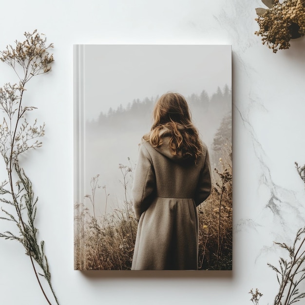 Woman In Coat Looking At Foggy Forest On Book Mockup