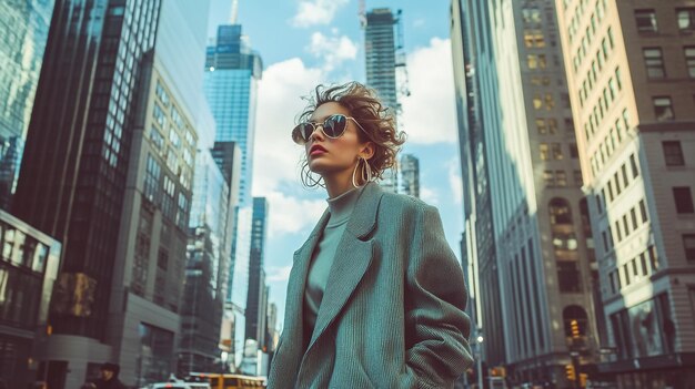 Photo a woman in a coat and sunglasses stands in the street