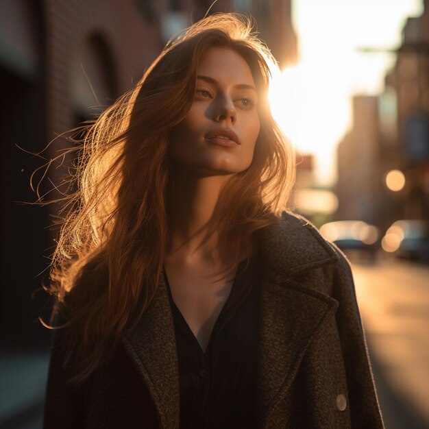 A woman in a coat walks down a street in the sun.