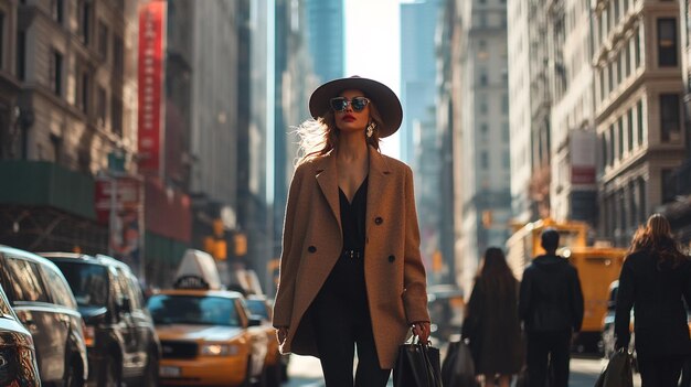 Photo a woman in a coat with a hat and sunglasses is walking down a street