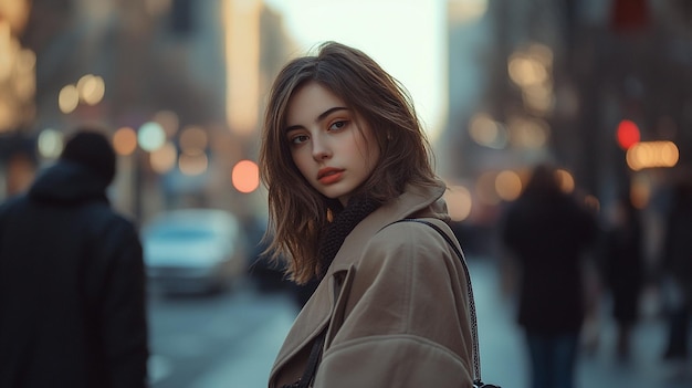 a woman in a coat with a red lips and a black purse