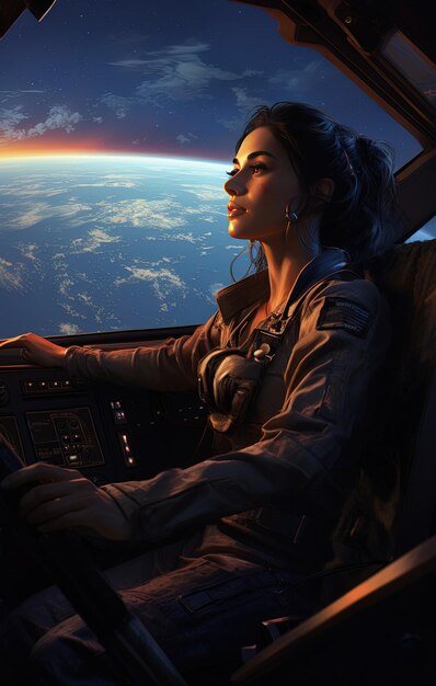 Photo a woman in a cockpit with the planet in the background