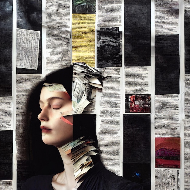 Woman collage portrait made of newspapers and magazines 3d rendering