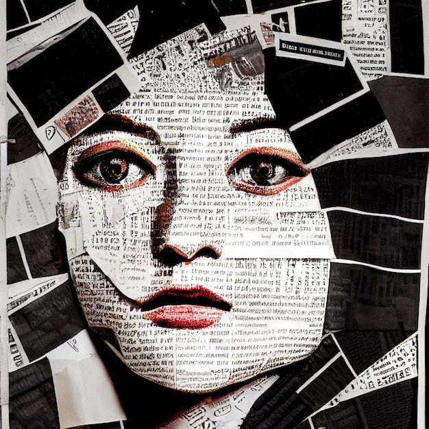 Woman collage portrait made of newspapers and magazines 3d rendering