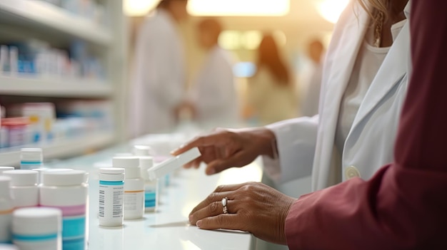 A woman collecting family medicines in a pharmacy box