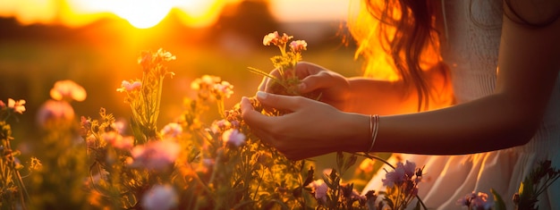 a woman collects medicinal herbs and flowers nature