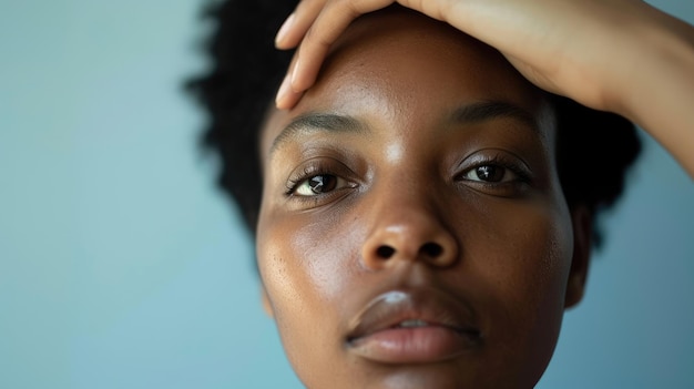 A woman of color with a resigned expression her hand p on her forehead as a symbol of the constant