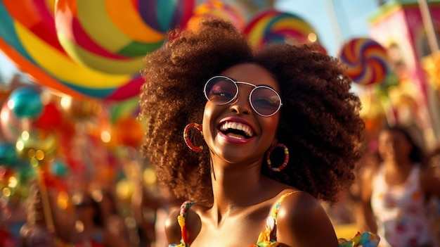 A woman in a colorful carnival wearing sunglasses smiles and laughs.