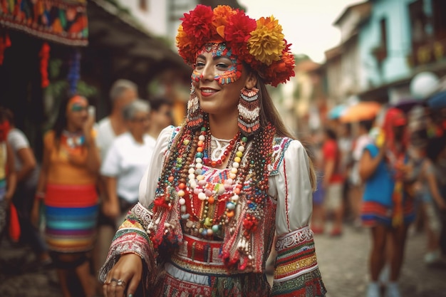 A woman in a colorful costume is walking through a street Colombian Festival