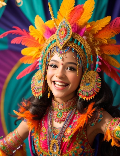 a woman in a colorful costume smiles for the camera