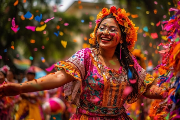 A woman in a colorful dress dances with flowers and confetti in the air Colombian festivity