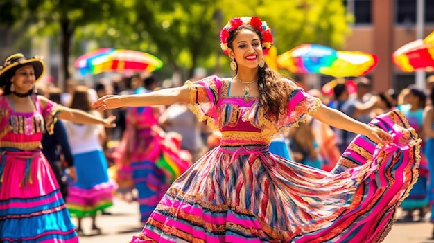 A woman in a colorful dress is dancing in the street with a rainbow umbrella