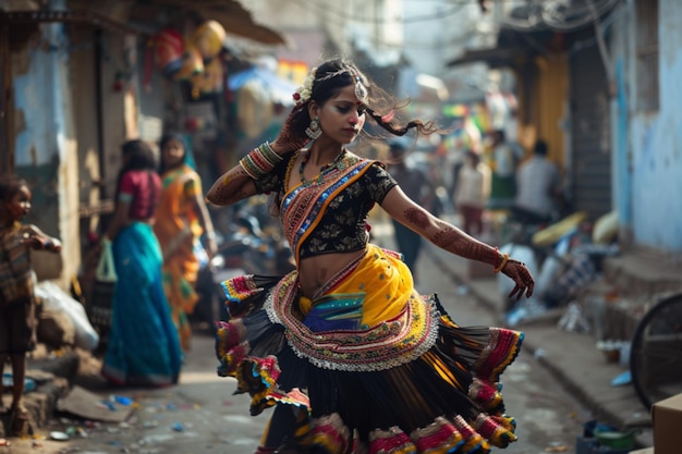 a woman in a colorful dress is dancing in the street