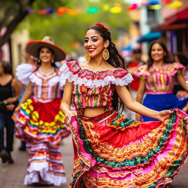 A woman in a colorful dress is dancing in the street