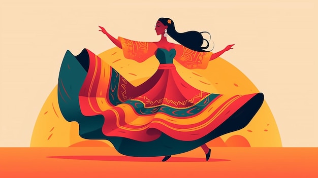 A woman in a colorful dress is dancing with a bull in the background.