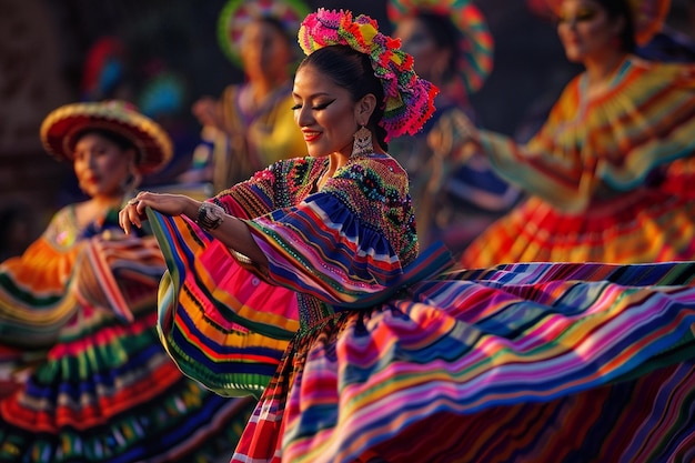 a woman in a colorful dress is dancing with other women