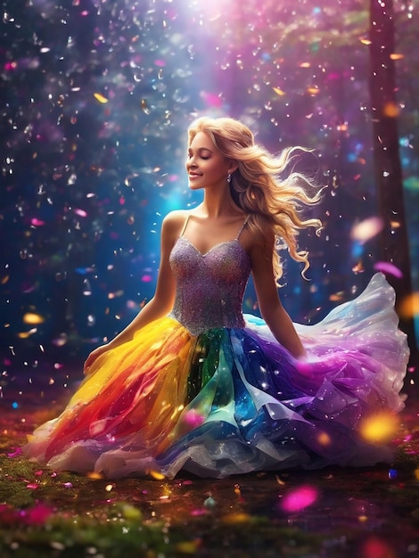 a woman in a colorful dress is sitting in the grass with confetti in the background