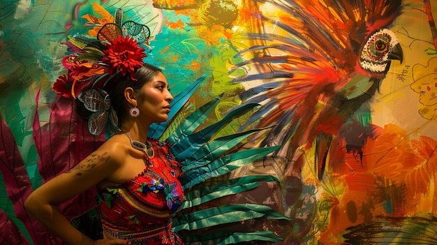 a woman in a colorful dress is standing in front of a colorful painting