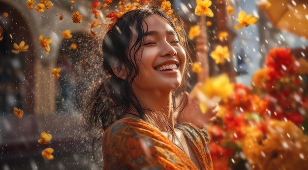 A woman in a colorful dress is surrounded by leaves and the word fall is on the front of her.