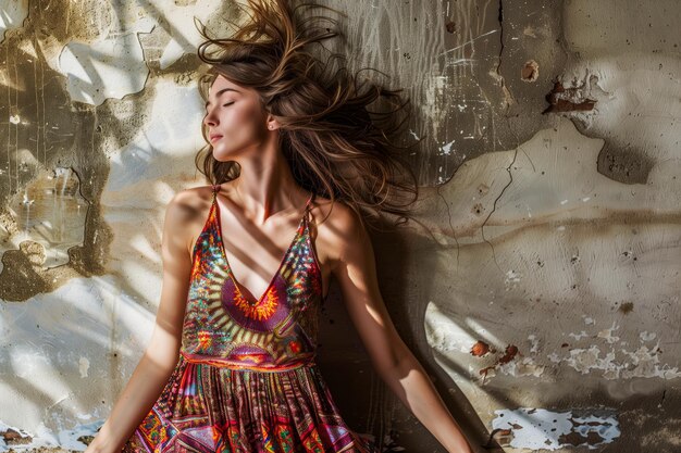 Photo woman in colorful dress leaning against wall