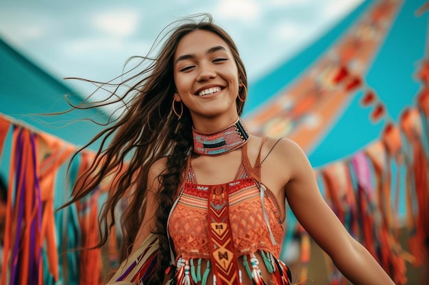 a woman in a colorful dress smiling at the camera