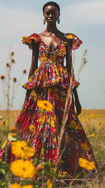 A woman in a colorful dress standing in a field of flowers